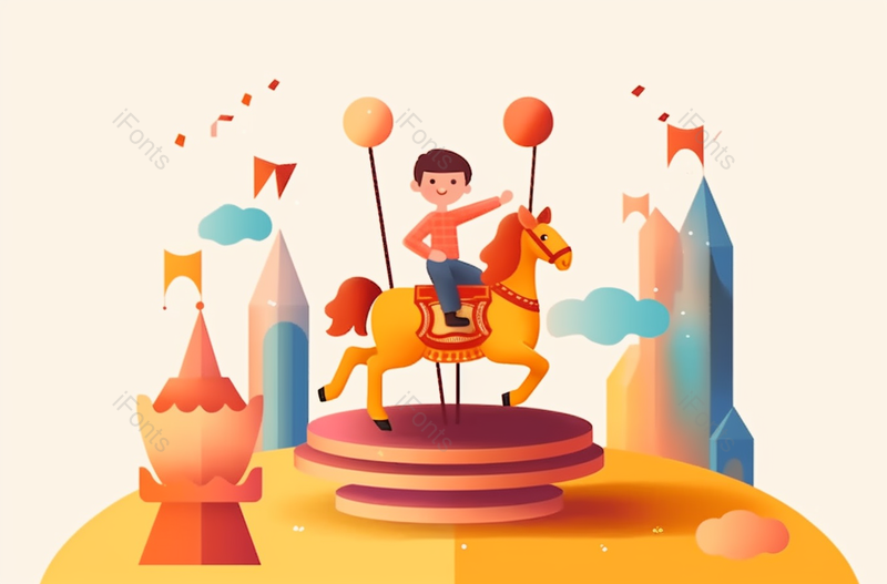 3D旋转木马上快乐的小男孩插画,插画/手绘图,插画/手绘图库,插画/手绘图下载,插画/手绘